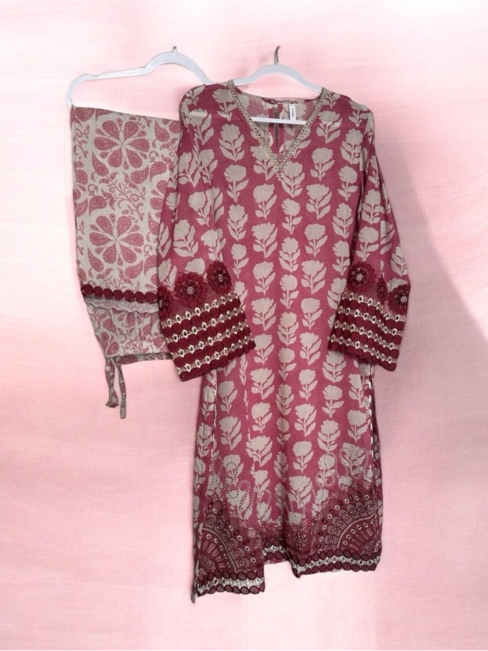 Elegant Pink and Cream Floral Dress 2Pc - Picture 2 of 5